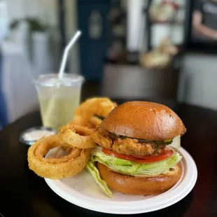 Crispy Chicken Burger (Combo) with onion rings and pineapple cream soda