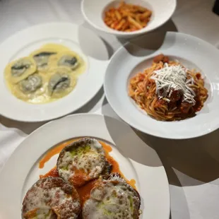 Ravioli, eggplant parm, pasta with sausage, penne with red sauce