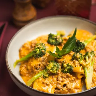 Rigatoni: Rigatoni with broccolini, spicy Italian sausage, and a creamy pink sauce.