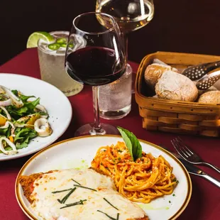 Chicken Parmigiana: A classic--breaded chicken, tomato sauce, melted mozzarella, and a side of spaghetti.