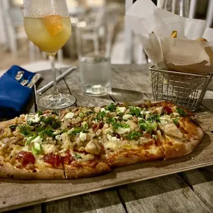 Cookhouse Chicken Flatbread, French fries, and sangria