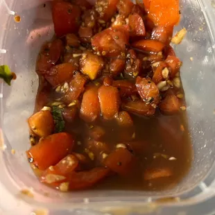 The bruschetta with to much Italian salsa.