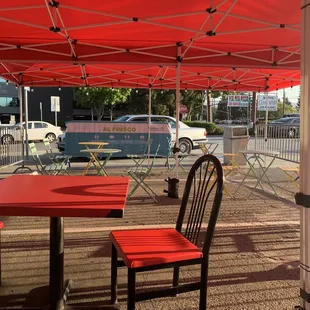 Outdoor shaded seating; indoors is way too hot!