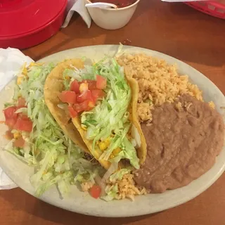 Two Village Tacos with Rice and Beans