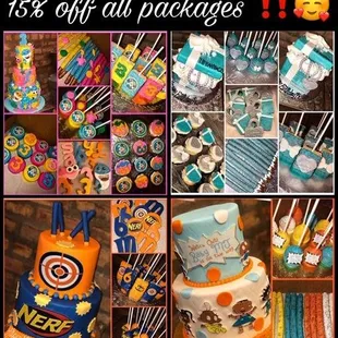 a collage of cakes and cupcakes