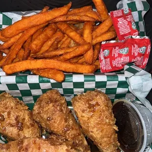 Honey garlic Amaze Ball combo with sweet potato fries.