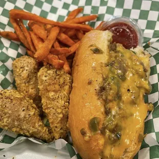 Philly cheesesteak, Lemon pepper wings, and sweet potato fries