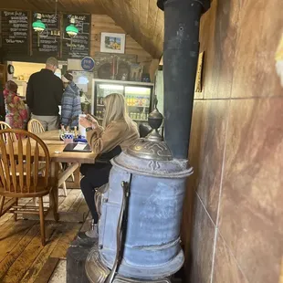 a wood burning stove in a restaurant