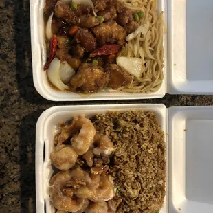 Lunch specials - honey walnut prawns with fried rice &amp; Szechuan chicken with chow mein noodles.