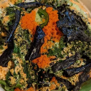 3 scoop (small) salad poke bowl with salmon, spicy salmon and scallops