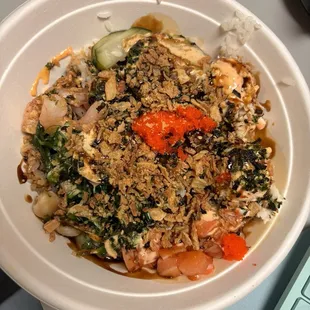 Large bowl with white rice base.