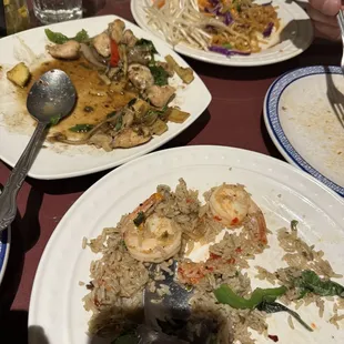 Spicy fried rice , chicken basil and pad Thai