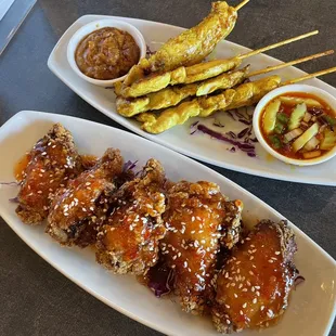Thai sweet chili chicken wings &amp; chicken satay.
