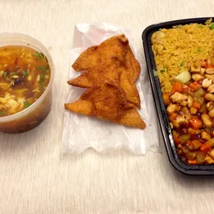 hot and sour soup, (one order of) crab rangoon, kung pao Chicken....average Chinese food, nothing special