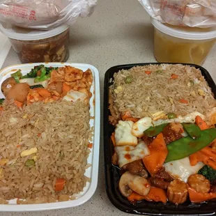 Chicken Ma La combo on left, and Beef Ma La combo on right with soups, and egg rolls.