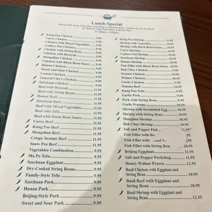 Lunch Special Menu