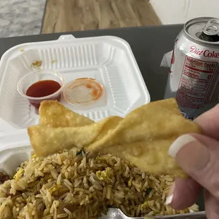 BBQ Pork Fried Rice, and a fried won ton