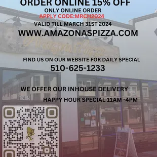 Amazonas Pizza with an exclusive online offer! receive 15% off when you order from website