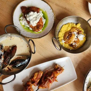 mussels, shrimp, fried chicken, grilled chicken skewers