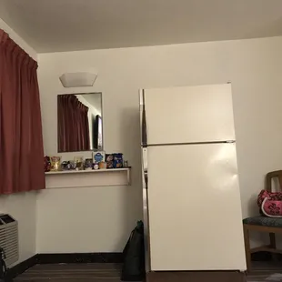 FULL size fridge and vanity area in the corner