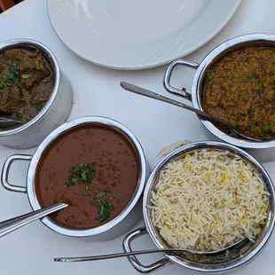 Lamb dish, Daal makhni, Basmati rice, Baingan bharta