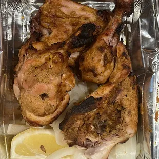 $24 - you&apos;ll need to order 2 ($48) if you want the &quot;whole&quot; roast chicken listed on the menu.