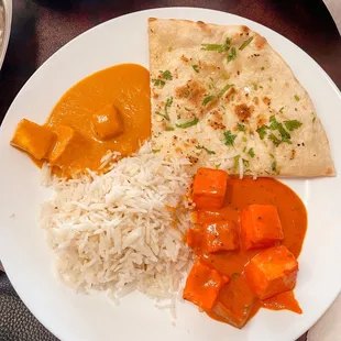 Naan bread, Paneer Tikka Masala, Paneer Makhni and rice