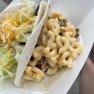 Regular taco with chicken  Mac and cheese taco with pork