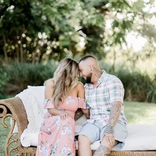 Family Photography. Couples Portraits. Vintage Wicker Chaise Lounger. Garden Party. Outdoor Lounger. Crochet Knit Blanket.