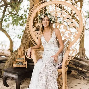 Bridal Portrait. Wedding Lounge. Wedding Photos. Vintage Style Tall Natural Peacock Chair. Low Moroccan Table. Bamboo decor with succulents.