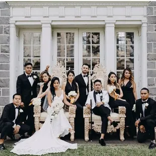 Wedding Party Photos. Bride and Groom. Sweetheart Chairs. Royal Ivory Thrones. Pair of Thrones.