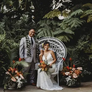 Wedding Portrait. White Vintage Style Peacock Chair. White Pillow Cushion.
