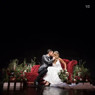 Bridal Photography. Wedding Photos. Couples Portraits. Vintage Red Velvet Fainting Couch. Chaise. Lounger. Wedding Rentals. Photo Ops.