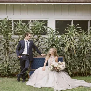 Bridal. Wedding. Photography. Antique. Vintage Blue Settee. Tufted Upholstered Loveseat.