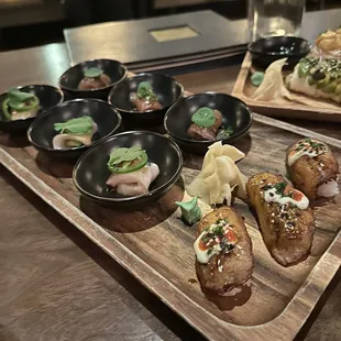 Sashimi and Plantain Nigiri (obsessed with these)