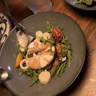 BURATTA Tomato confit, micro basil $21  (We had wilted arugula, cherry tomatoes, and hearts of palm)