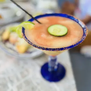 Strawberry Cucumber Margarita with Tajín on the rim