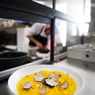 a plate of food in a commercial kitchen