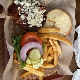 Bleu cheeseburger with bacon and fries.   Great.