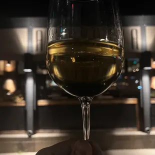 a hand holding a glass of white wine