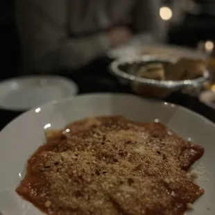 Ravioli with spicy tomato cream sauce