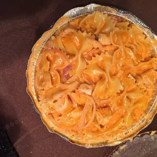 Bowtie pasta. Chicken was overlooked. The rest of the pasta was descent.