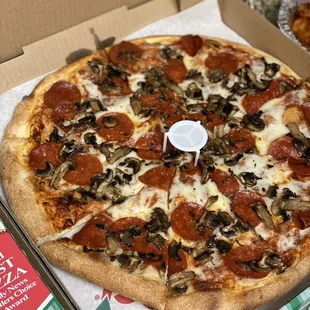 Large pizza with pepperoni and mushrooms