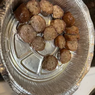 a pan filled with meatballs