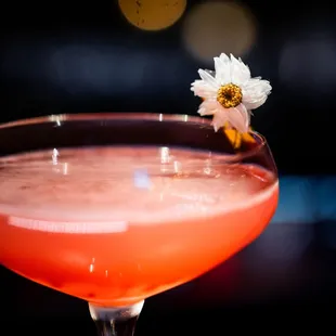 a pink cocktail with a flower on the rim
