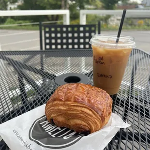 Chocolate croissant and iced coffee