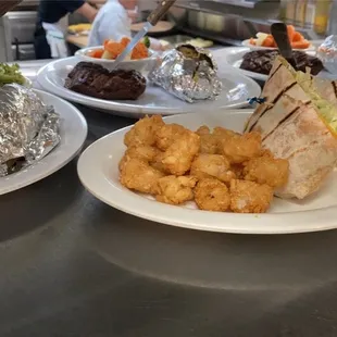 Steak burger chicken wrap with tots