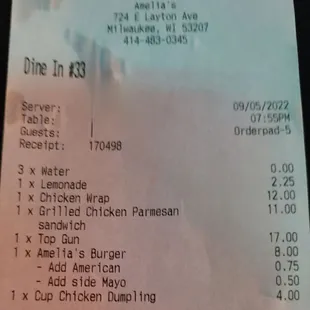 The Receipt showing the Price charged. Waitress's name redacted as that aspect wasn't on her.