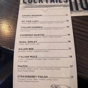 Cocktail menu