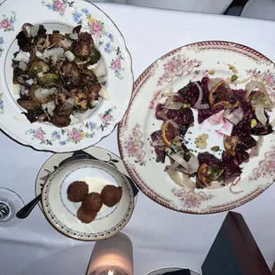 Beets, croquetas, fried Brussels sprouts